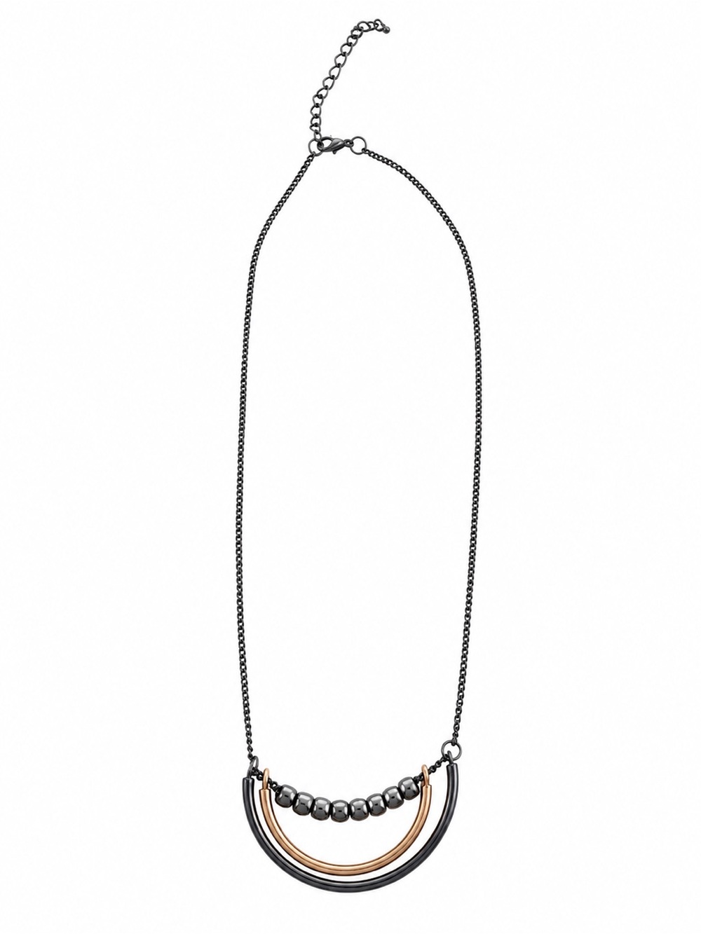 Gunmetal & Gold Tone Geometric Beaded Pendant Necklace Adjustable